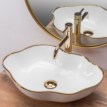 REA-U0696 - Praustuvas ant stalviršio PEARL 38x50,5 cm keramika/blizgi balta/auksinė