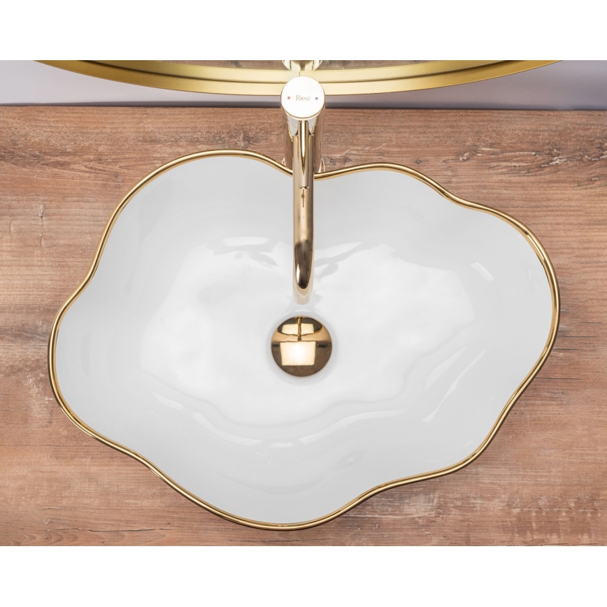 REA-U0696 - Praustuvas ant stalviršio PEARL 38x50,5 cm keramika/blizgi balta/auksinė