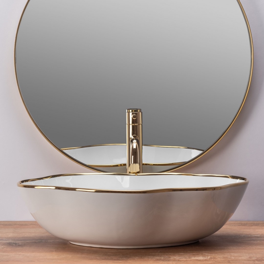REA-U0696 - Praustuvas ant stalviršio PEARL 38x50,5 cm keramika/blizgi balta/auksinė