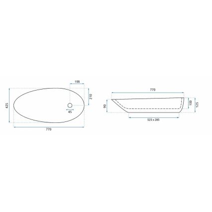 REA-U1500 - Praustuvas ant stalviršio GRETA 42,5x77 cm keramika/blizgi balta