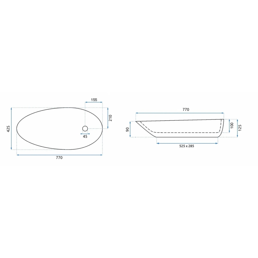REA-U1500 - Praustuvas ant stalviršio GRETA 42,5x77 cm keramika/blizgi balta