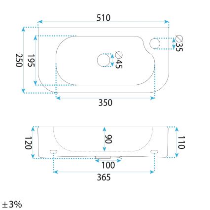 REA-U3610 - Ant stalviršio arba pakabinamas praustuvas ODETTA 25x51 cm keramika / blizgi balta