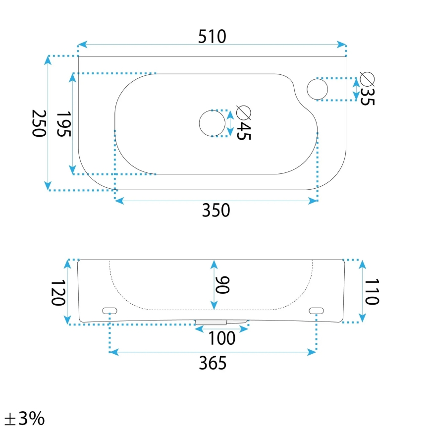 REA-U3610 - Ant stalviršio arba pakabinamas praustuvas ODETTA 25x51 cm keramika / blizgi balta