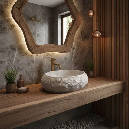 REA-U4332 - Ant stalviršio montuojamas praustuvas MIKA 38x50 cm smėlinė/pilka/akmens imitacija