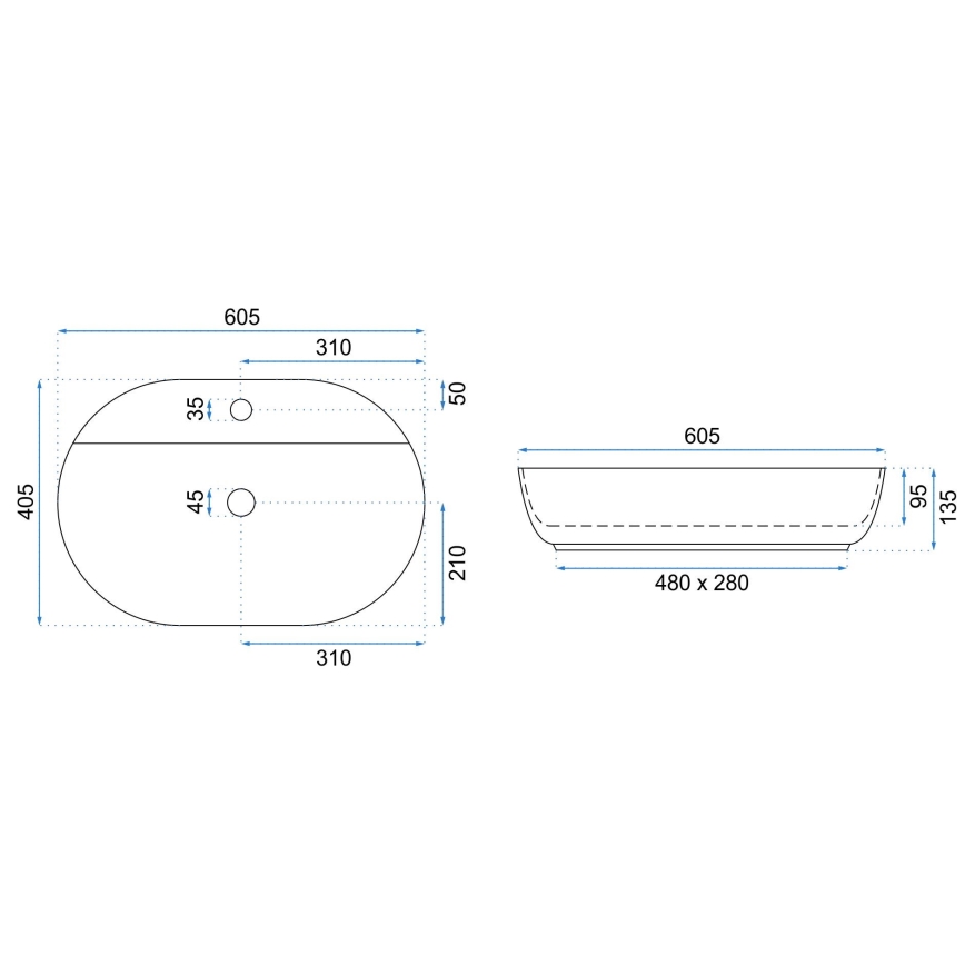 REA-U7900 - Praustuvas ant stalviršio AURA 40,5x60,5 cm keramika/blizgi balta
