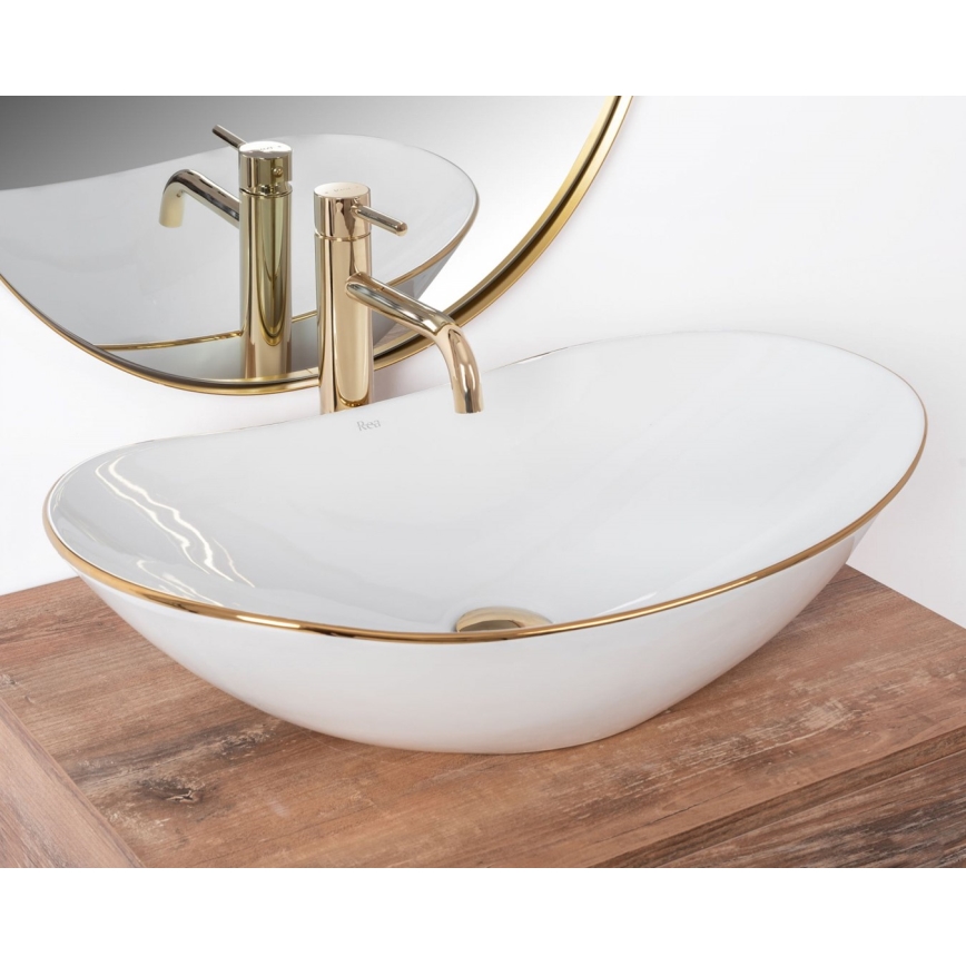 REA-U8570 - Antstalinis praustuvas ROYAL 36x62 cm, keraminis, blizgi balta/auksinė