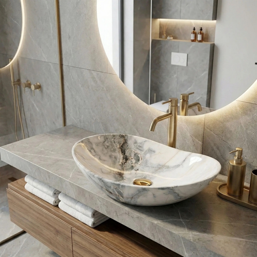 REA-U8596 - Praustuvas ant stalviršio ROYAL 36x62,5 cm keramika/balta/pilka/akmens imitacija