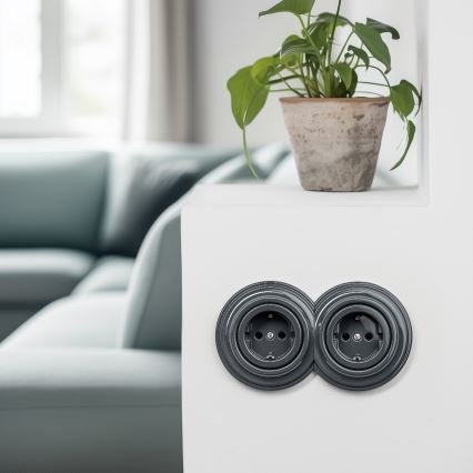 Reblig - Dviguba retro namų rozetė su rėmeliu SCHUKO 230V antracitas