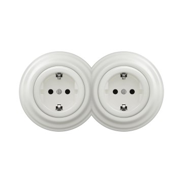 Reblig - dviguba retro SCHUKO rozetė namams su rėmeliu, keraminė, balta, 230V