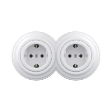 Reblig - dviguba retro SCHUKO rozetė su rėmeliu, skirta namams, 230V, sniego baltos spalvos