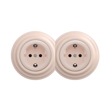 Reblig - dviguba retro sieninė rozetė su rėmeliu SCHUKO 230V vintažinė rožinė