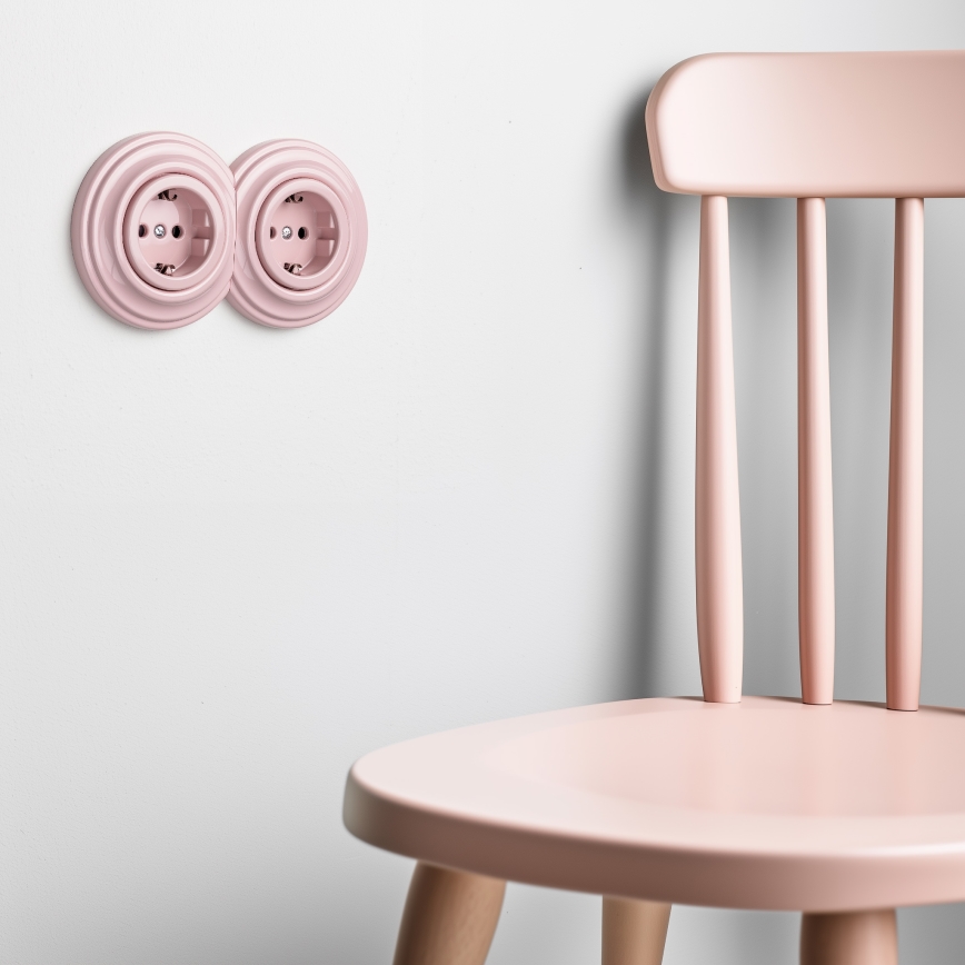 Reblig - dviguba retro sieninė rozetė su rėmeliu SCHUKO 230V vintažinė rožinė