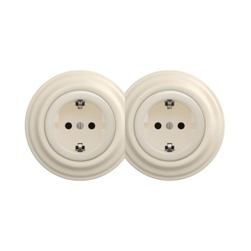 Reblig - Dvigubas retro namų kištukinis lizdas su rėmeliu SCHUKO 230V smėlio spalvos