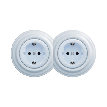 Reblig - Dvigubas retro sieninis SCHUKO tipo lizdas su rėmeliu 230V mėlynas
