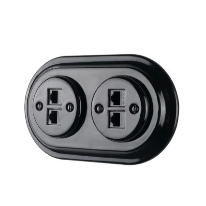 Reblig - porcelianinė retro Ethernet rozetė su rėmeliu, 2x CAT5e, juoda