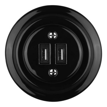 Reblig - Porcelianinė retro USB maitinimo rozetė su rėmeliu 2xUSB-A juoda