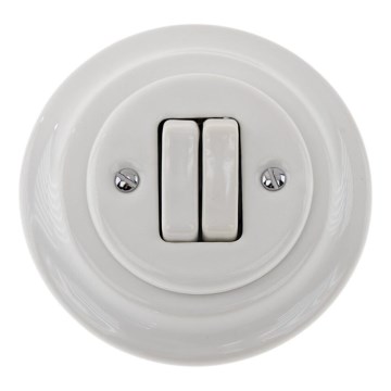 Reblig - Porcelianinis retro dvigubas jungiklis su rėmeliu nr. 6+6 baltas