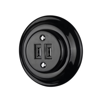 Reblig - Porcelianinė retro USB maitinimo rozetė be rėmelio, 2x USB-A, juoda