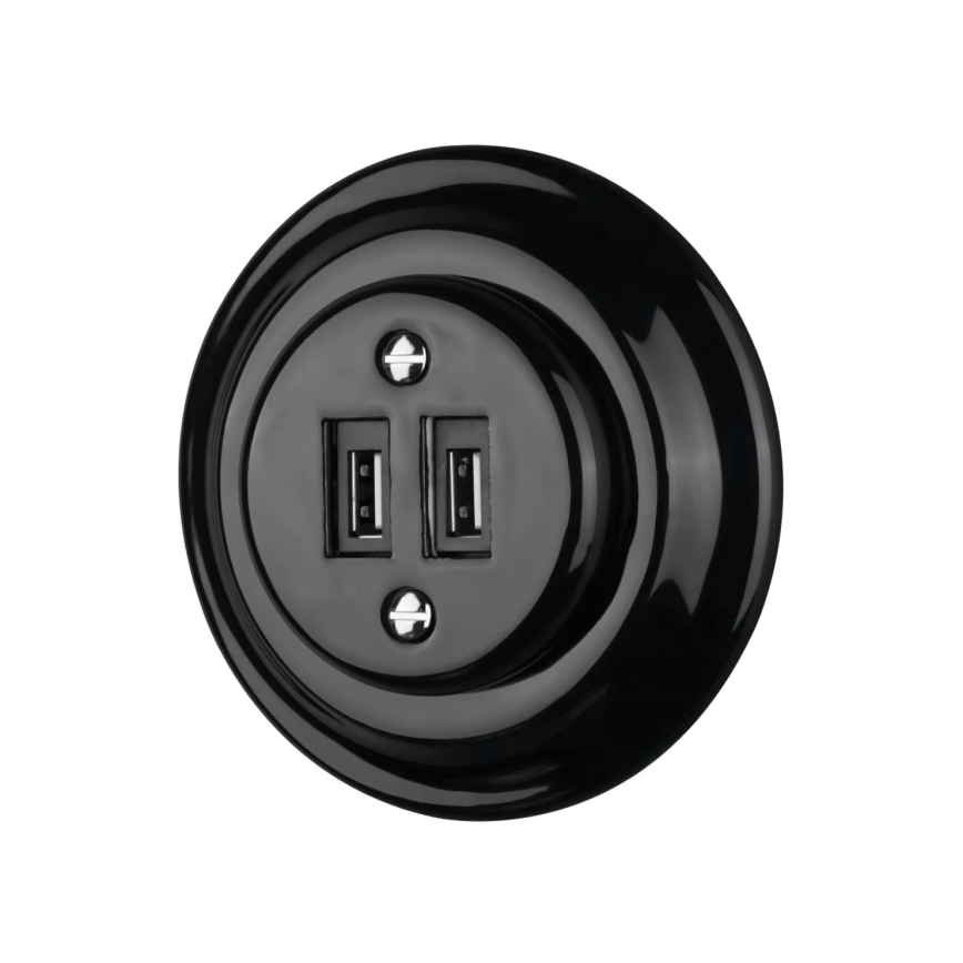Reblig - Porcelianinė retro USB maitinimo rozetė be rėmelio, 2x USB-A, juoda