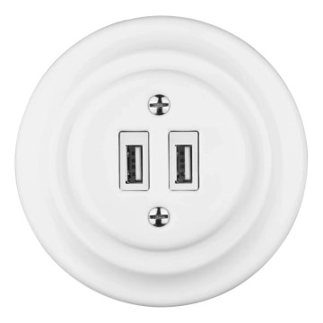 Reblig - Retro porcelianinė USB maitinimo rozetė su rėmeliu, 2x USB-A, balta