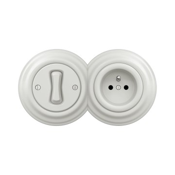 Reblig - Retro vienpolinis jungiklis Nr. 1 ir 230 V lizdas su keraminiu rėmeliu, baltos spalvos