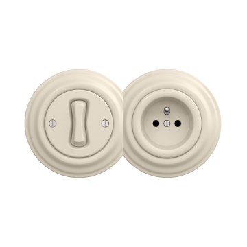 Reblig - retro vienpolinis jungiklis Nr. 1 ir 230V lizdas su rėmeliu, smėlio spalvos