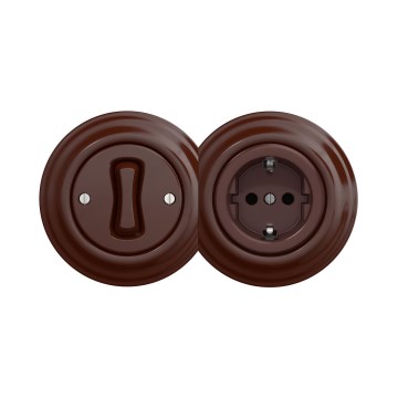 Reblig - Retro vienpolinis jungiklis Nr. 1 ir SCHUKO 230 V lizdas su rėmeliu, rudos spalvos