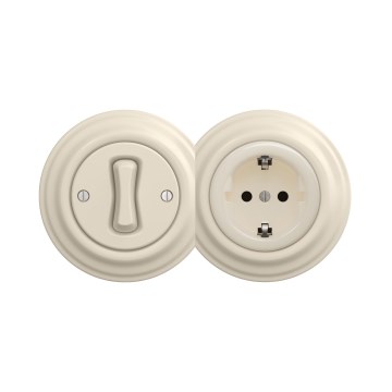Reblig - Retro vienpolinis jungiklis Nr. 1 ir SCHUKO 230 V lizdas su rėmeliu, smėlio spalvos