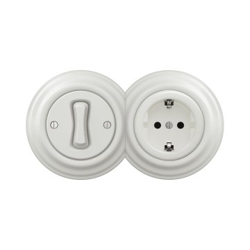 Reblig - Retro vienpolinis jungiklis Nr. 1 ir SCHUKO 230V lizdas su keraminiu rėmu, baltas