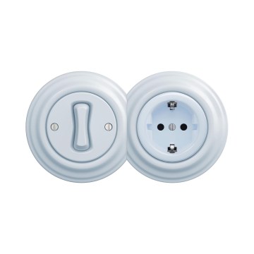 Reblig - retro vienpolinis jungiklis Nr. 1 ir SCHUKO 230V lizdas su mėlynu rėmeliu