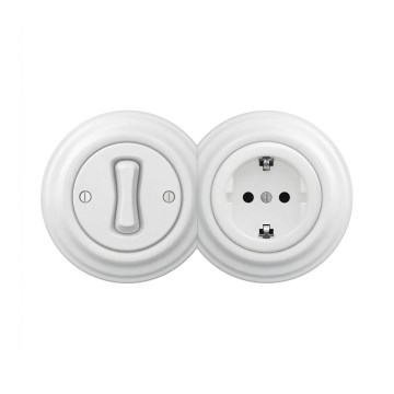 Reblig - Retro vienpolinis jungiklis Nr. 1 ir SCHUKO 230V lizdas su rėmeliu, sniego baltos spalvos