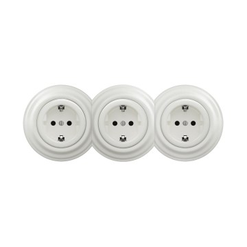 Reblig - trigubas retro namų SCHUKO lizdas su rėmeliu, 230V, keraminis, baltas