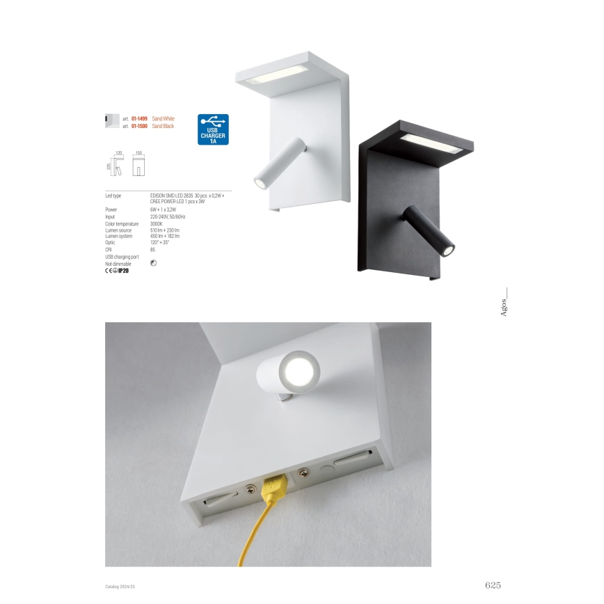 Redo 01-1499 - LED sieninis akcentinis šviestuvas AGOS LED/6W/230V + LED/3,2W USB balta