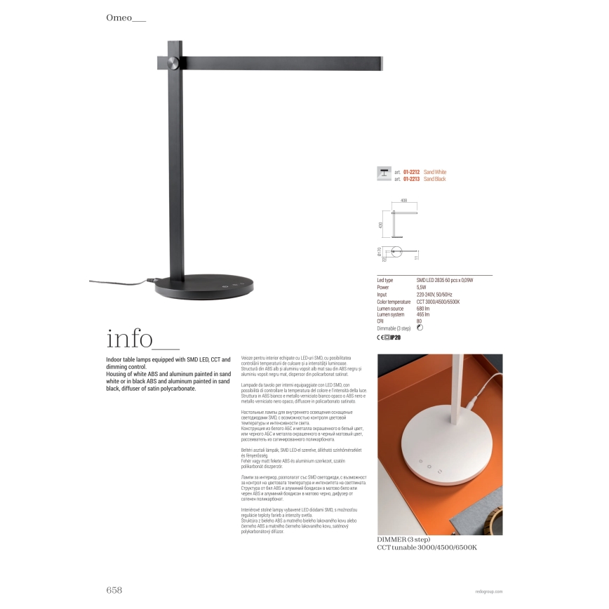 Redo 01-2212 - LED pritemdomas, liečiamas stalinis šviestuvas OMEO LED/5,5W/230V 3000/4500/6500K balta