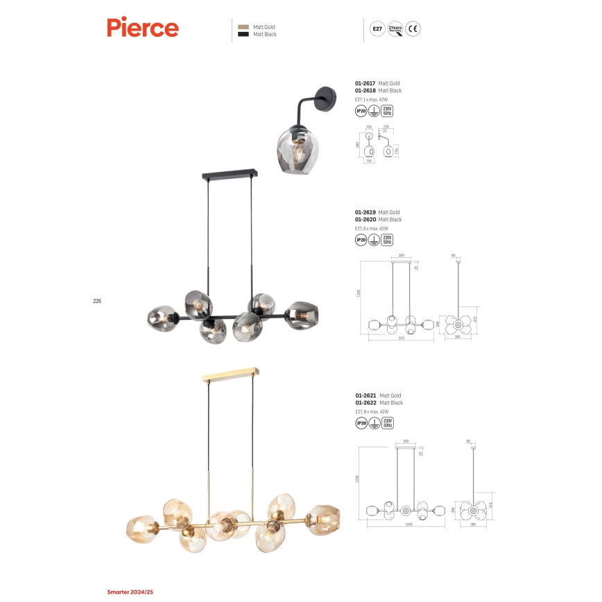 Redo 01-2618 - Sieninis šviestuvas PIERCE 1xE27/42W/230V juoda/dūminis