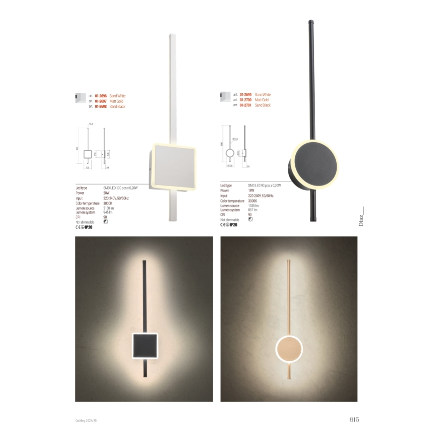 Redo 01-2699 - LED sieninis šviestuvas DIAZ LED/18W/230V CRI 90 balta