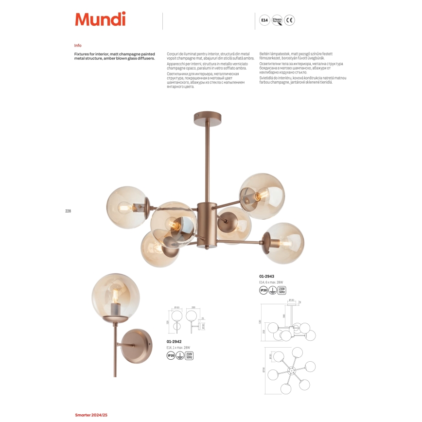 Redo 01-2942 - Sieninis šviestuvas MUNDI 1xE14/28W/230V varinis/dūminis