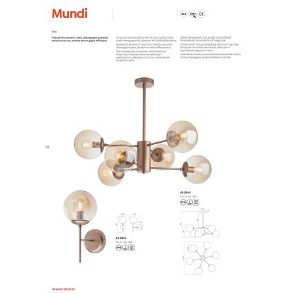 Redo 01-2943 - Pakabinama liustra su stiebu MUNDI 6xE14/28W/230V varinė/dūminė
