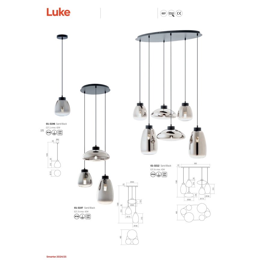 Redo 01-3197 - Pakabinamas sietynas LUKE 3xE27/42W/230V diametras 46 cm juoda
