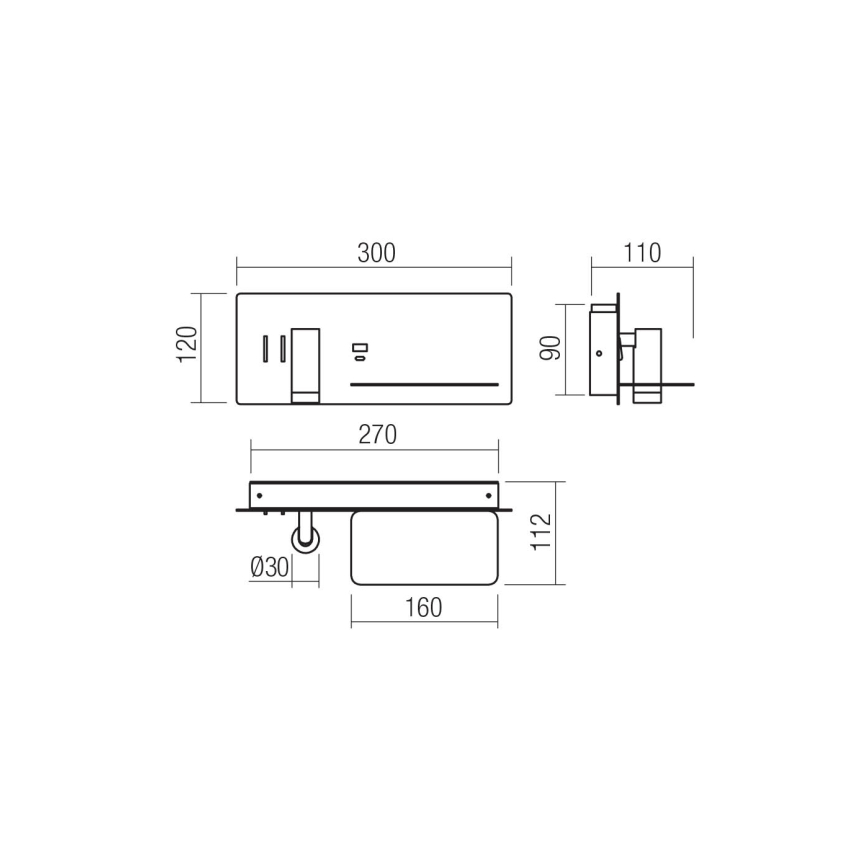Redo 01-3316 - LED sieninis akcentinis šviestuvas BROOK LED/8W/230V + LED/3W USB CRI 90 juoda dešinė