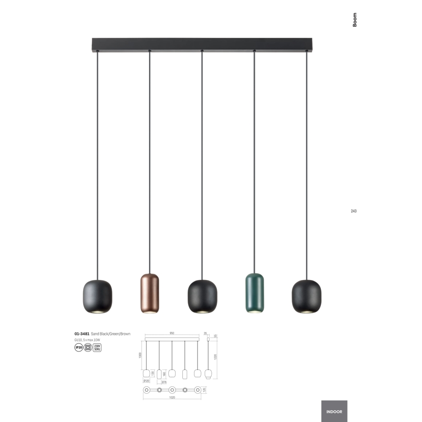 Redo 01-3481 - Pakabinamas sietynas BOOM 5xGU10/10W/230V juoda/žalia/ruda