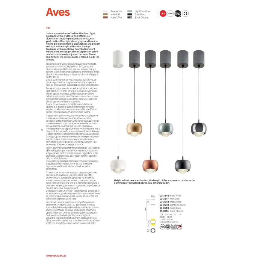 Redo 01-3548 - LED Pakabinamas sietynas AVES LED/12W/230V diametras 9,6 cm CRI 90 varis