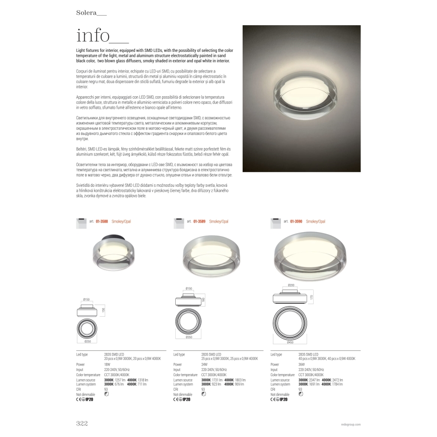 Redo 01-3590 - LED lubinis šviestuvas SOLERA LED/36W/230V diametras 45 cm CRI 93 3000/4000K pilka