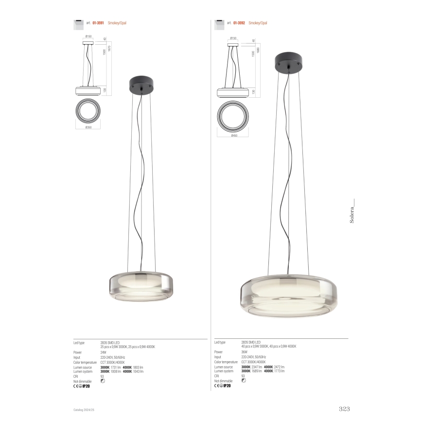 Redo 01-3592 - LED Pakabinamas sietynas SOLERA LED/36W/230V diametras 45 cm CRI 93 3000/4000K pilka
