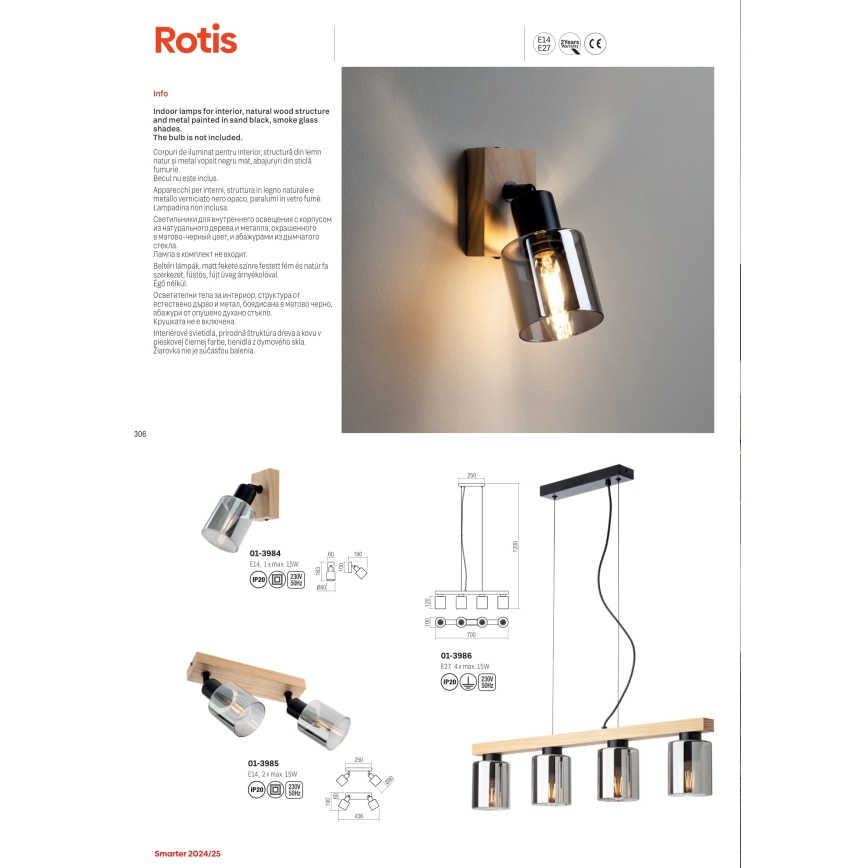 Redo 01-3986 - Pakabinamas sietynas ROTIS 4xE27/15W/230V