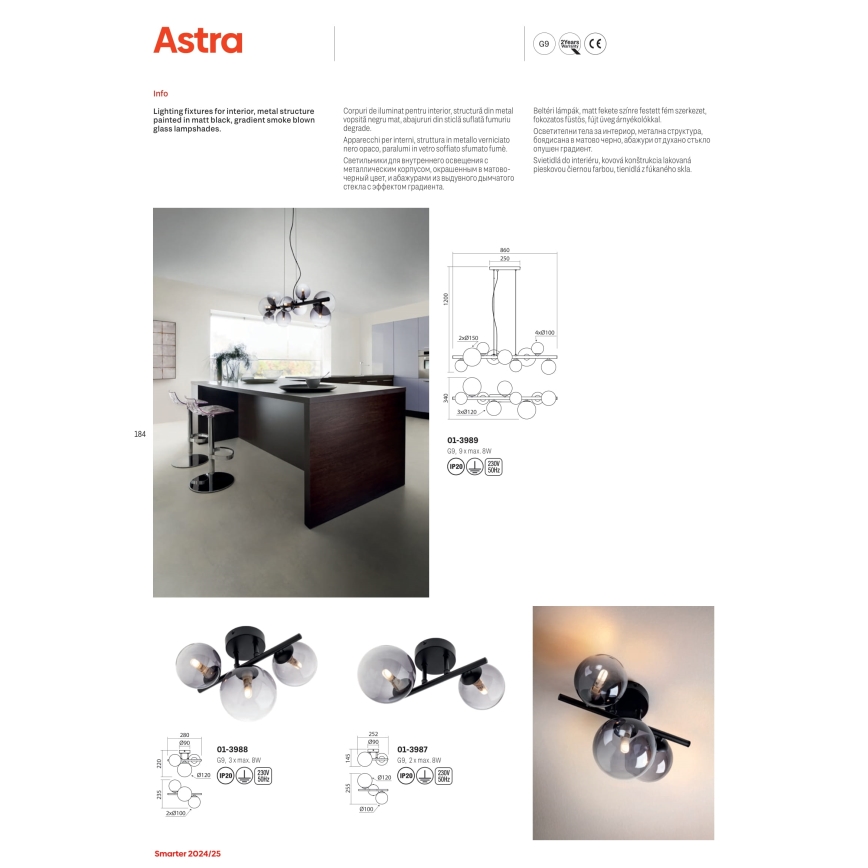 Redo 01-3989 - Pakabinamas sietynas ASTRA 9xG9/8W/230V juoda