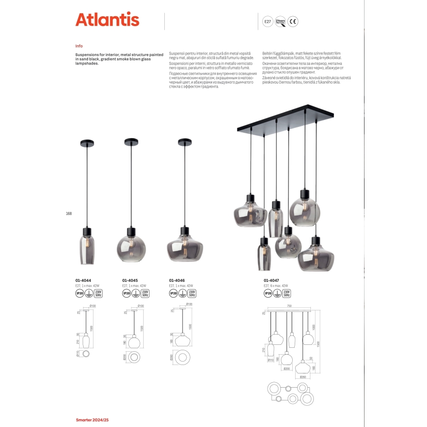 Redo 01-4044 - Pakabinamas sietynas ATLANTIS 1xE27/42W/230V diametras 11 cm juoda