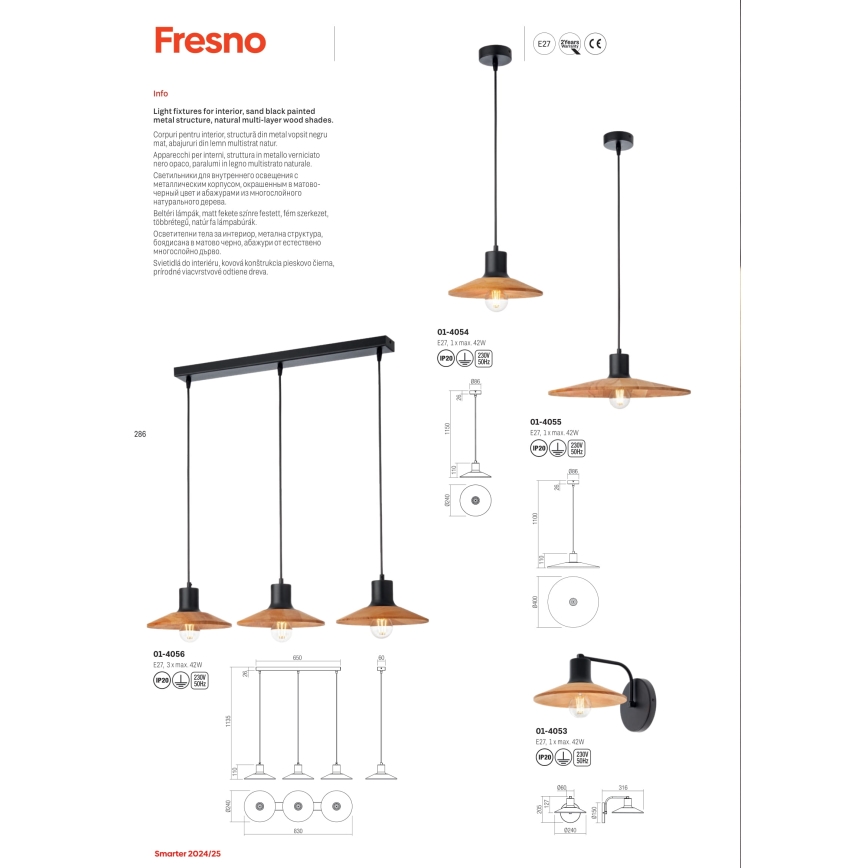 Redo 01-4054 - Pakabinamas sietynas FRESNO 1xE27/42W/230V diametras 24 cm