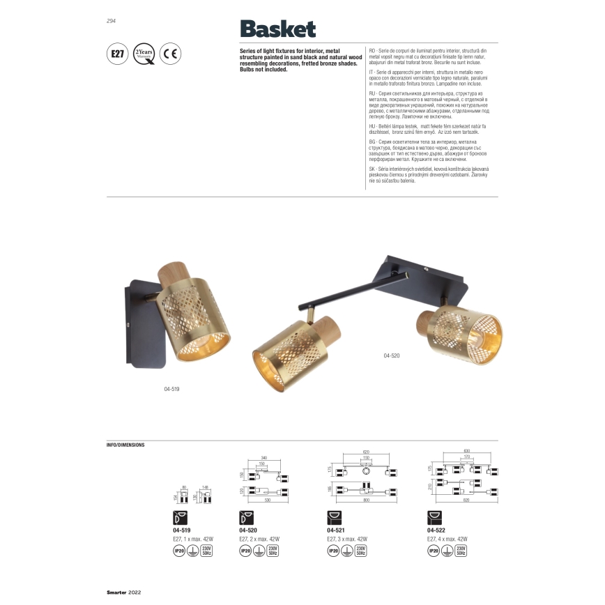 Redo 04-522 - Ant pagrindo montuojamas sietynas BASKET 4xE27/42W/230V bronzos