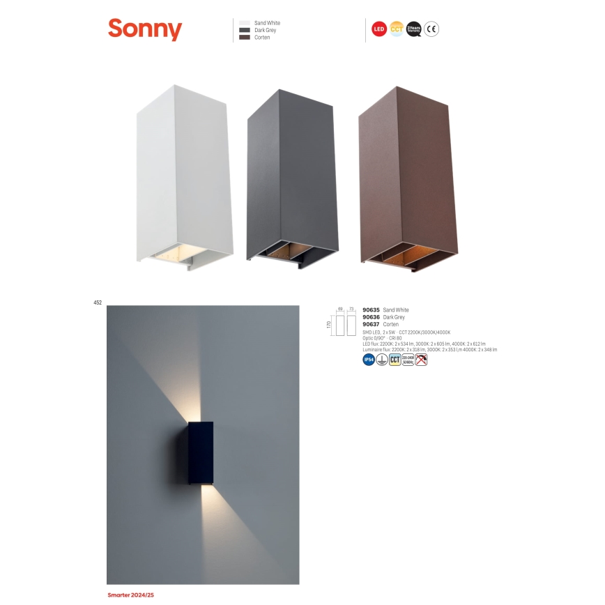 Redo 90637 - LED sieninis lauko šviestuvas SONNY 2xLED/5W/230V 2200/3000/4000K IP54 ruda